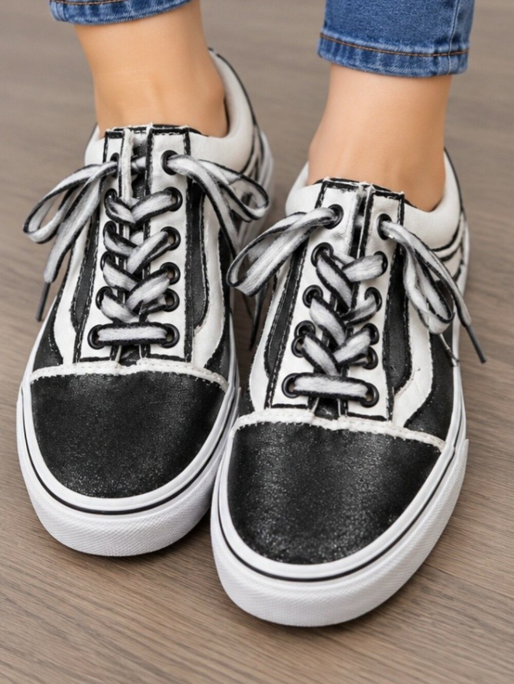 Vans Black and White Lace-Up Sneakers Size 6